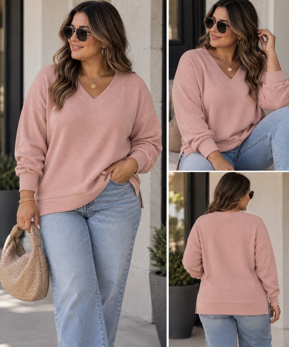Marc New York Andrew Marc Rose Pink Ribbed V-Neck Sweatshirt Pullover L